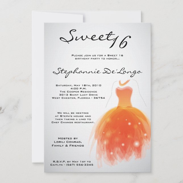 5x7 Orange Dress Sweet 16 Anniversaire Invitation (Devant)