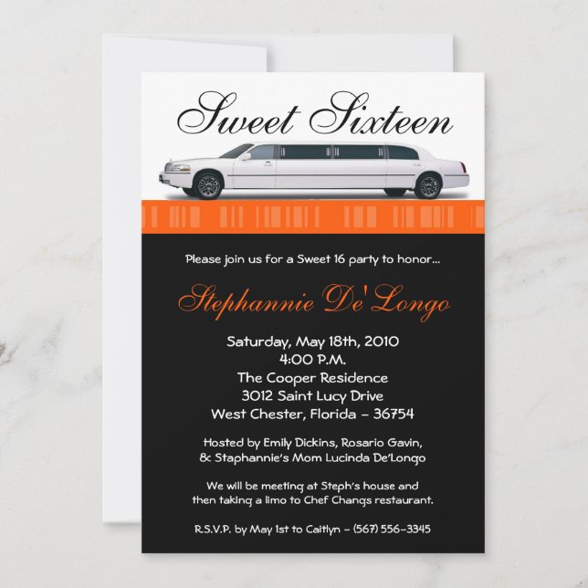 5x7 Orange Limo Sweet 16 Anniversaire Invitation (Devant)