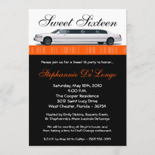 5x7 Orange Limo Sweet 16 Anniversaire Invitation