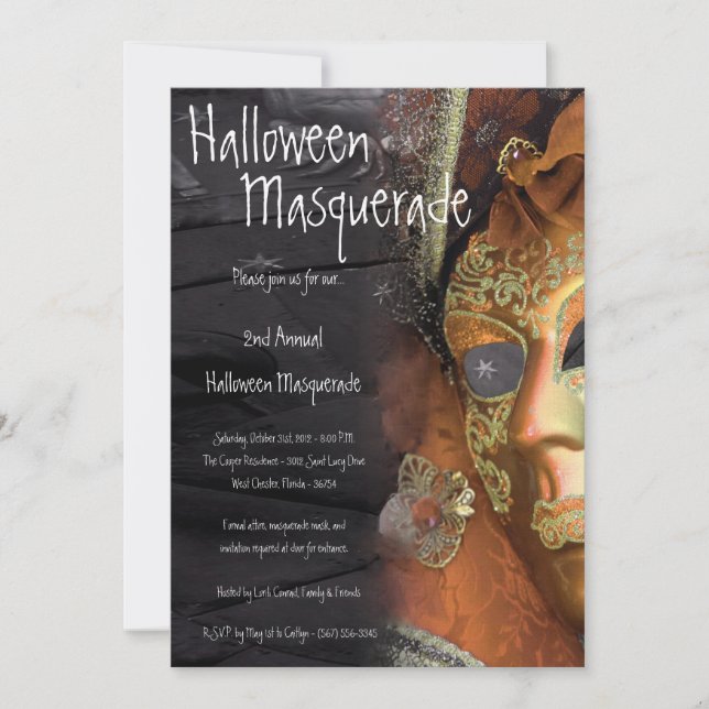5x7 Orange Masquerade Halloween Costume Invitation (Front)