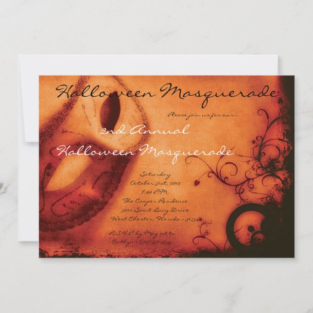 5x7 Orange Masquerade Halloween Costume Invitation (Devant)