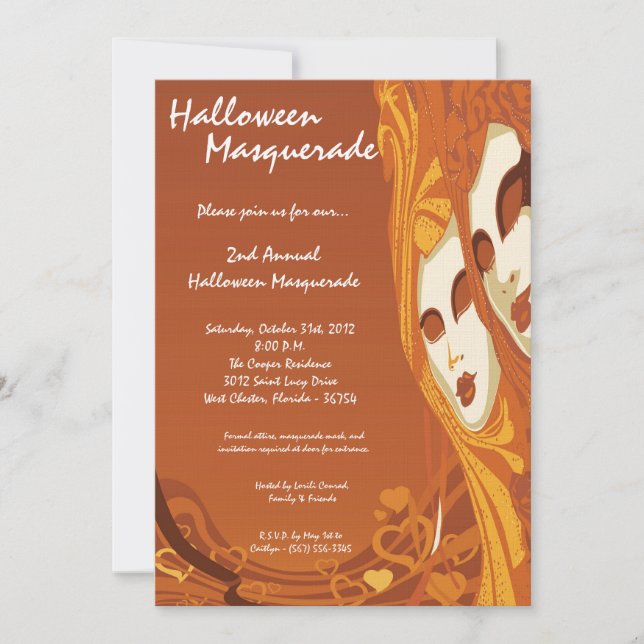 5x7 Orange Masquerade Halloween Costume Invitation (Devant)