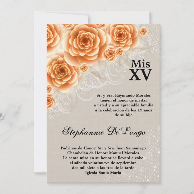 5x7 Orange Roses Quinceanera Birthday Invitation (Front)