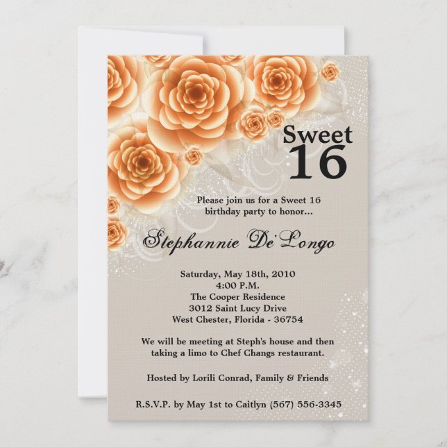 5x7 Orange Roses Sweet 16 Birthday Invitation (Front)