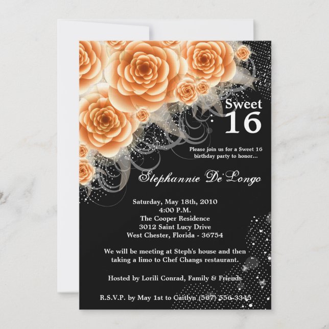 5x7 Orange Roses Sweet 16 Birthday Invitation (Front)