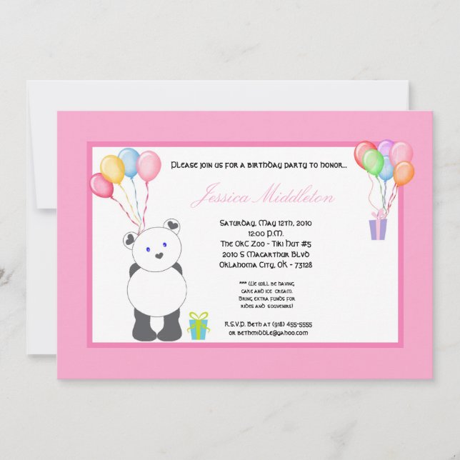 5x7 Panda Bear Balloons Birthday Party Invitation (Front)