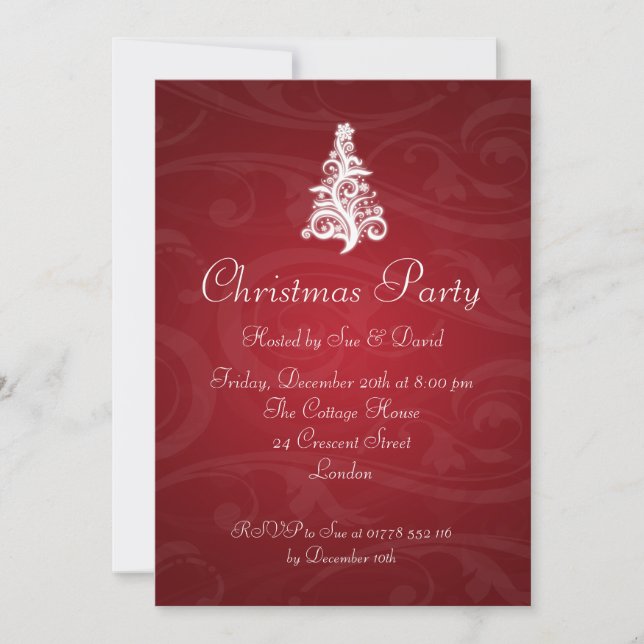 5x7 Party Invitation Elegant Swirly Tree Red (Front)