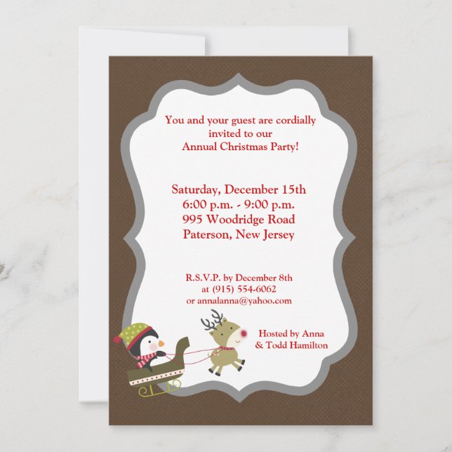5x7 Penguin / Reindeer Christmas Games Invitation (Front)