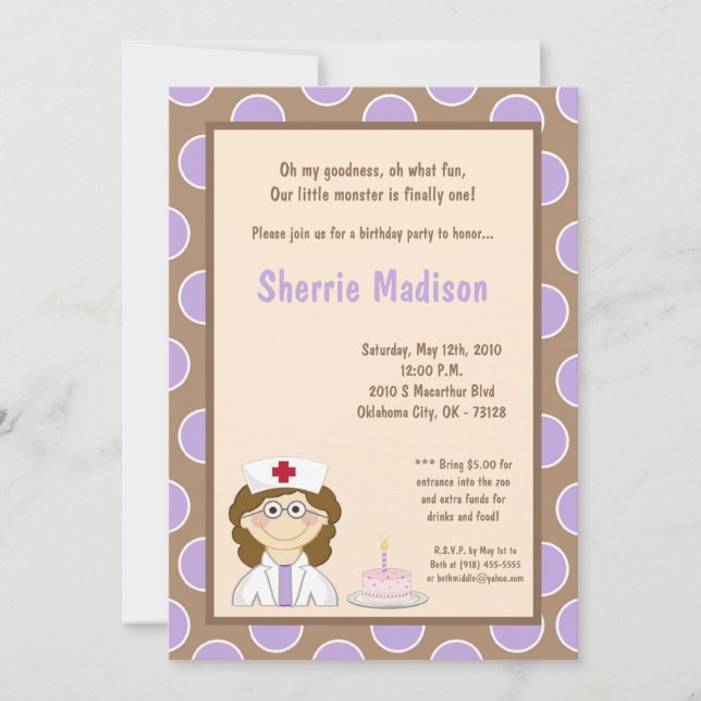 5x7 Petite infirmière Invitation à la fête d'anniv (Devant)