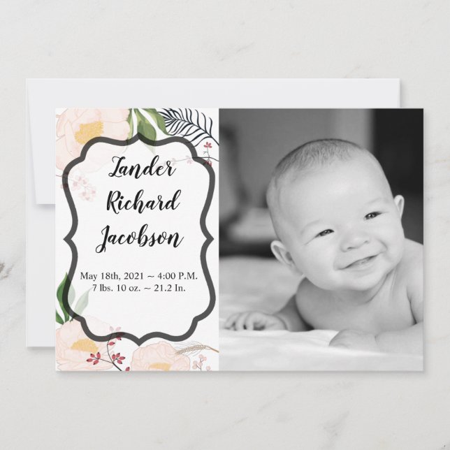 5x7 Photo Birth Announcement Army Baby Pink Cosmos (Front)