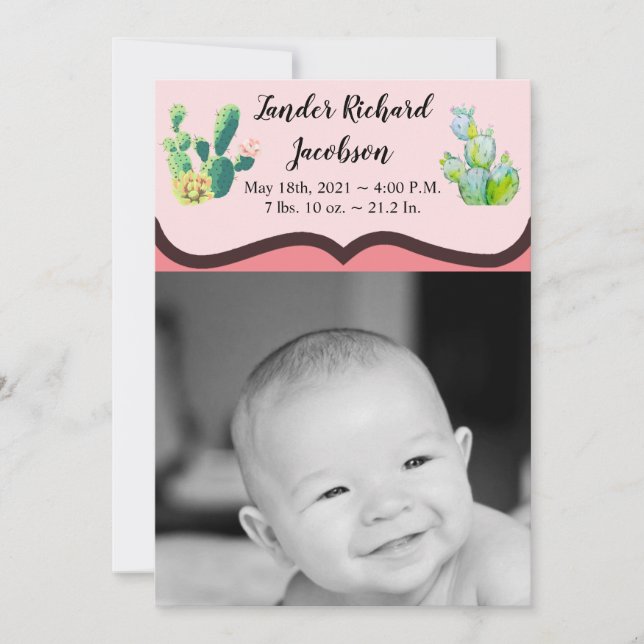5x7 Photo Birth Announcement Army Bohemian Cactus (Front)