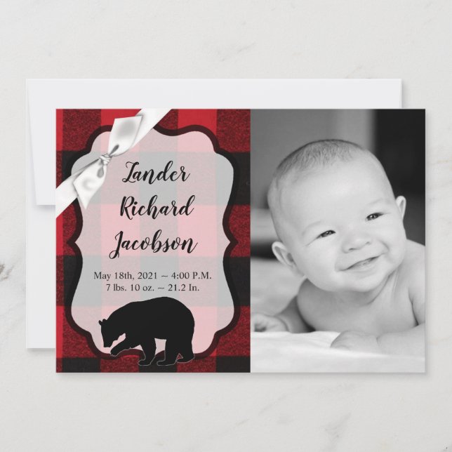 5x7 Photo Birth Announcement Army Red Buffalo Bear (Front)