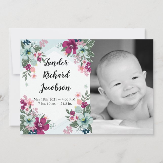 5x7 Photo Birth Announcement Army Tropical Flowers (Front)