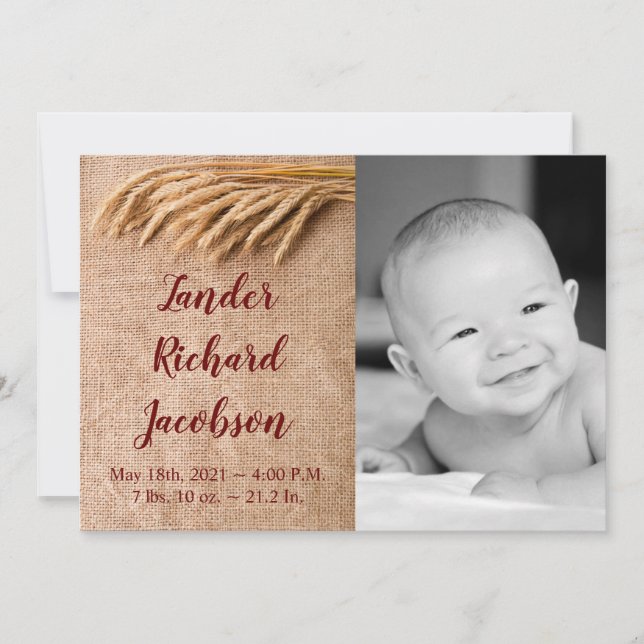5x7 Photo Birth Announcement Army Wheat on Burlap (Front)