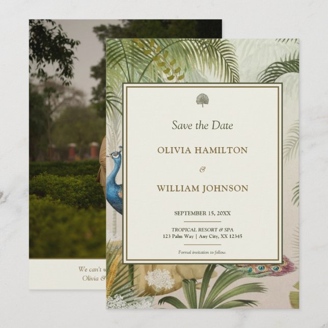 5x7 Photo Tropical Peacock Palm Wedding  Save The Date (Front/Back)