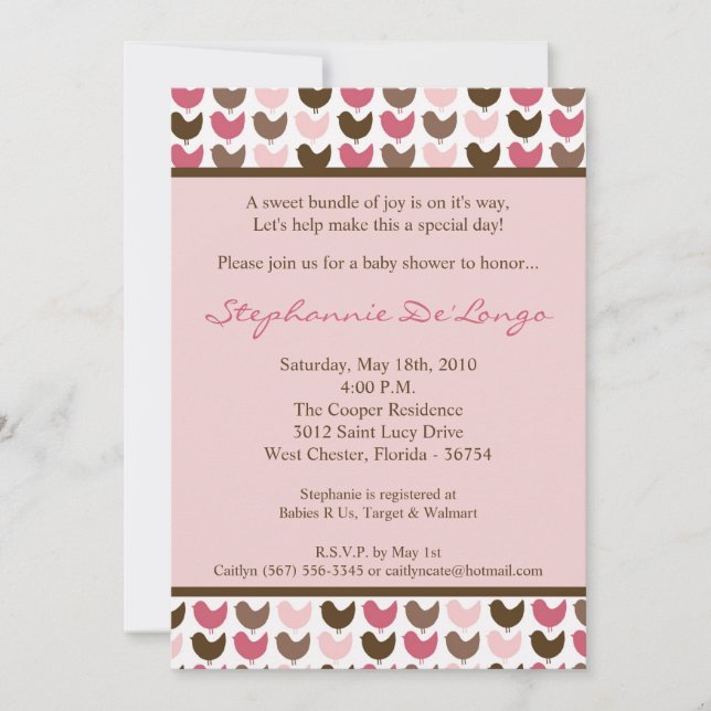 5x7 Pink and Brown Bird Baby Shower Invitation (Front)