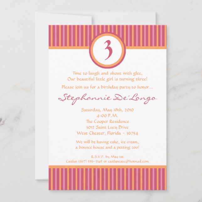5x7 Pink and Orange Striped Birthday Invitation (Front)