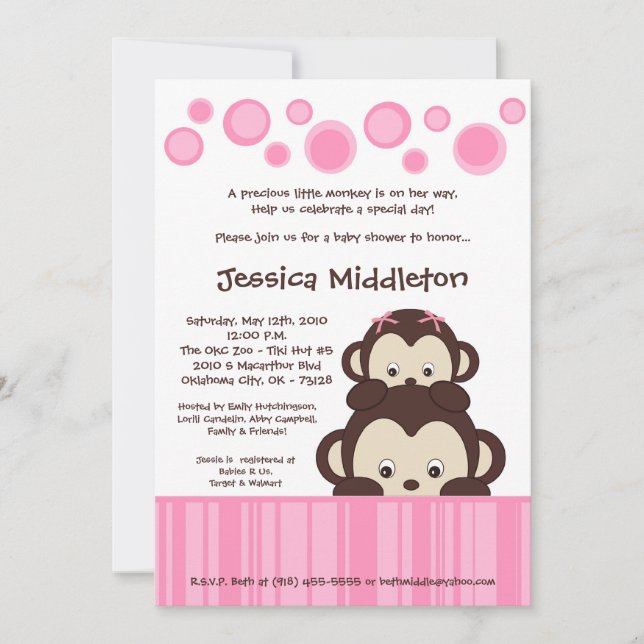 5x7 Pink Baby Pop Monkey Baby Shower Invitation (Front)