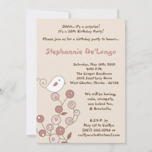 5x7 Pink Bird Retro Bush Anniversaire Invitation