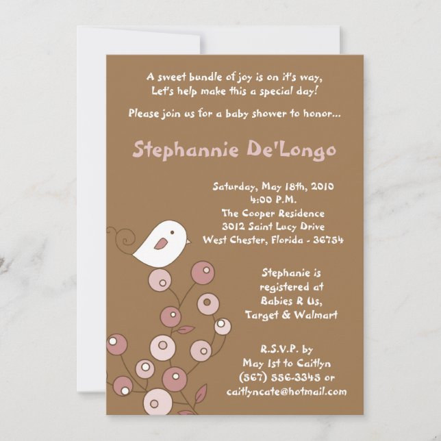 5x7 Pink Bird Retro Bush Baby shower Invitation (Devant)