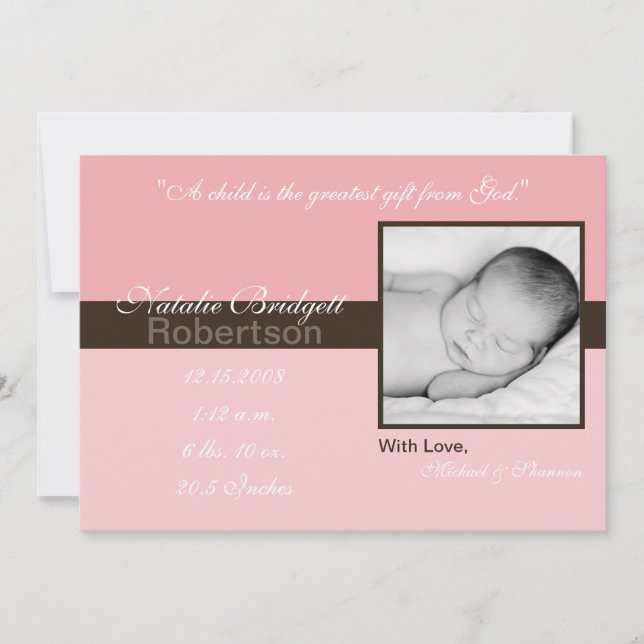 5x7 Pink Brown Band Faire-part de naissance photo (Devant)