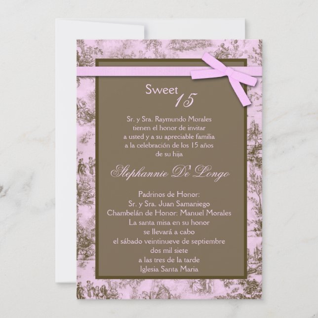 5x7 Pink Brown ToileFabric Quinceanera Invitation (Front)