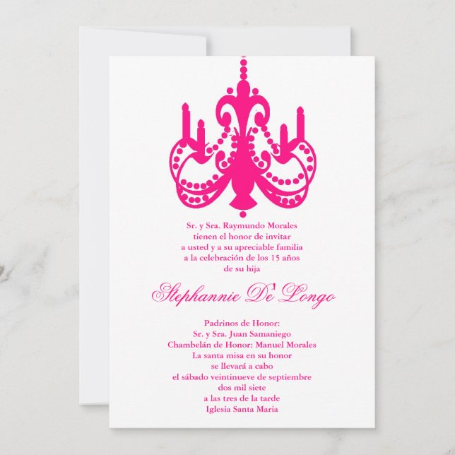 5x7 Pink Chandelier Quinceanera Party Invitation (Front)