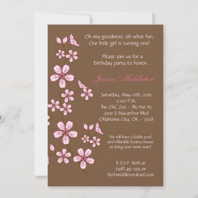5x7 Pink Cherry Blossom Birthday Party Invitation (Front)