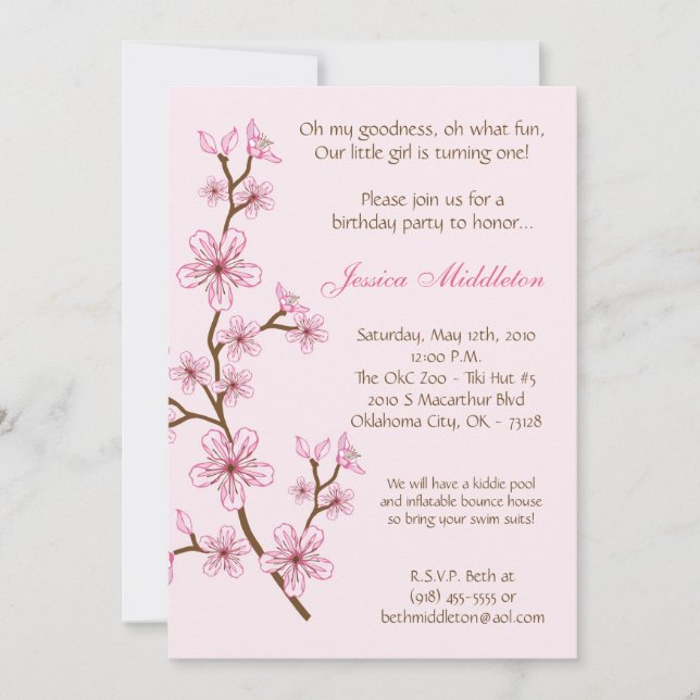 5x7 Pink Cherry Blossom Birthday Party Invitation (Front)