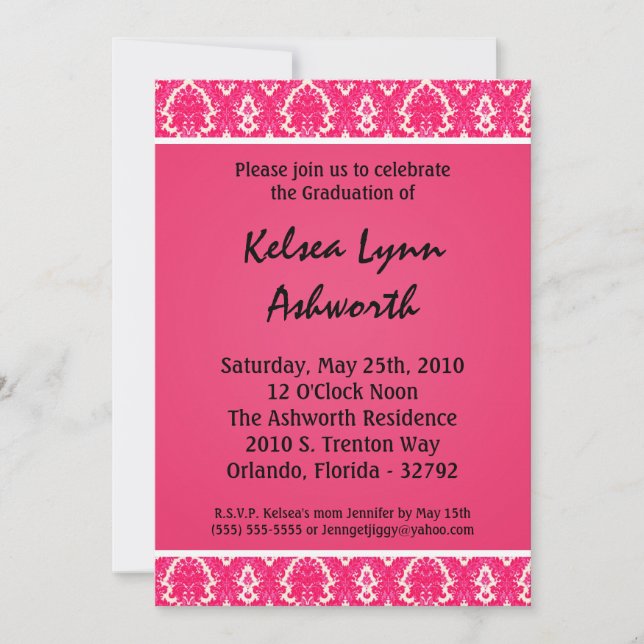 5x7 Pink Damask Graduation Invitation (Devant)