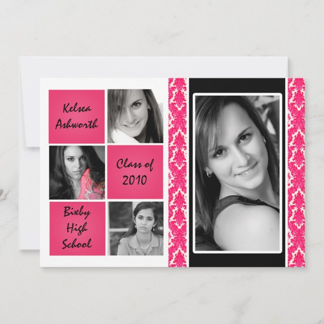 5x7 Pink Damask Photo Graduation Faire-part (Devant)