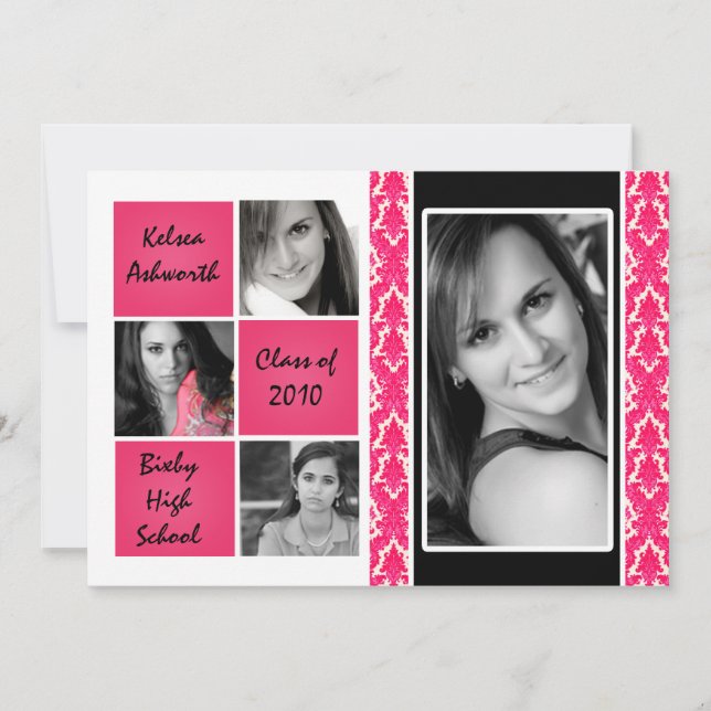 5x7 Pink Damask Photo Graduation Invitation Announ (Front)