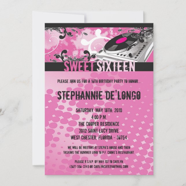 5x7 Pink DJ Spin Tourne-disque16e Invitation anniv (Devant)