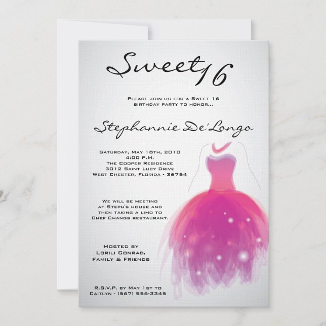 5x7 Pink Dress Sweet 16 Birthday Invitation (Front)
