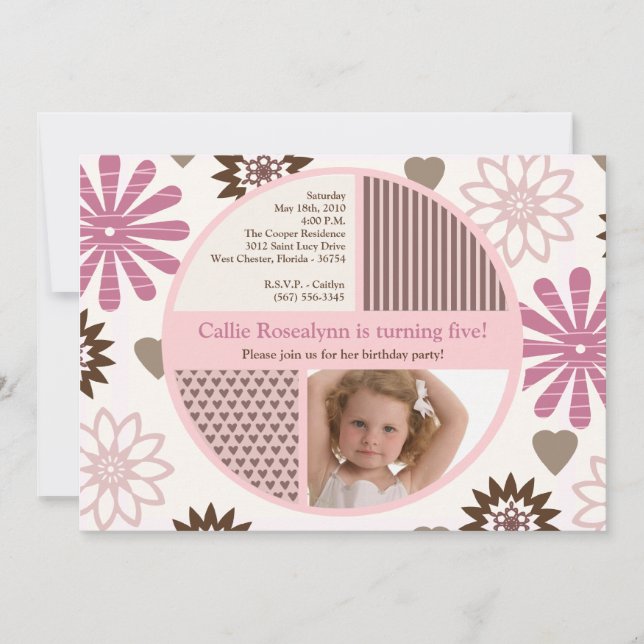 5x7 Pink Flower Photo Invitation à la fête d'anniv (Devant)