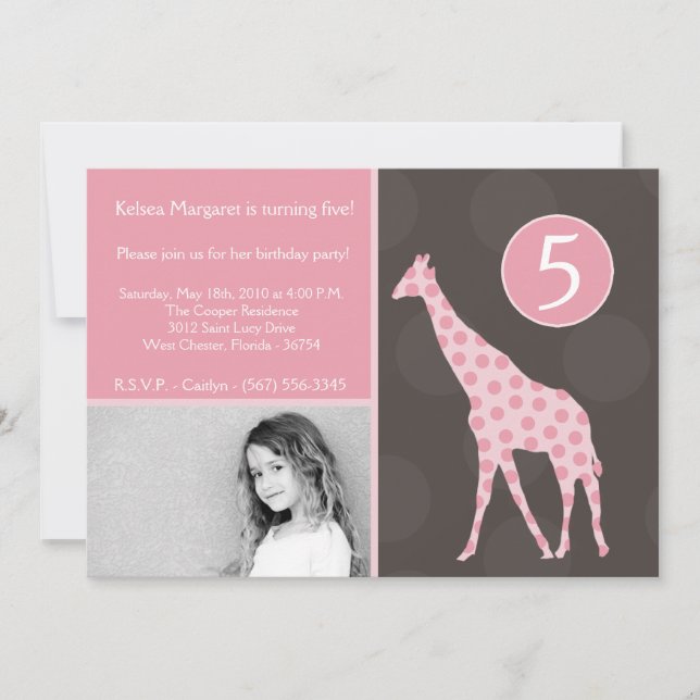 5x7 Pink Giraffe Photo Birthday Party Invitation (Front)