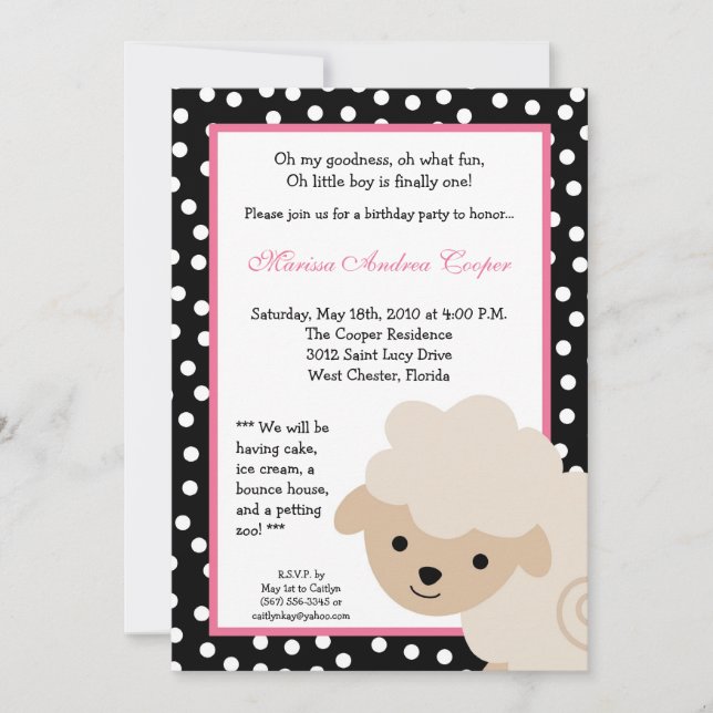 5x7 Pink Girl Farm Sheep Invitation à la fête d'an (Devant)