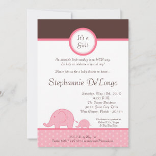 5x7 Pink Girl Mod Elephant Baby shower Invitation