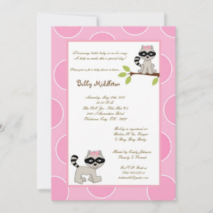 5x7 Pink Girls Racoon  Baby Shower Invitation