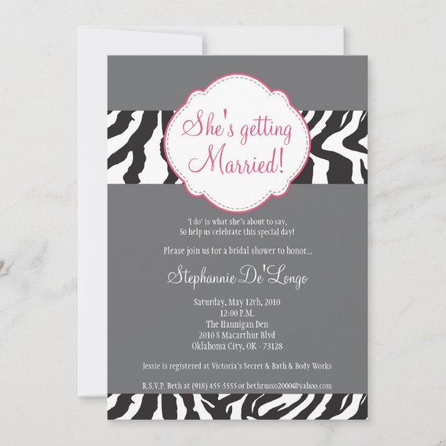 5x7 Pink Grey Zebra Stripe Brida Shower Invitation (Front)