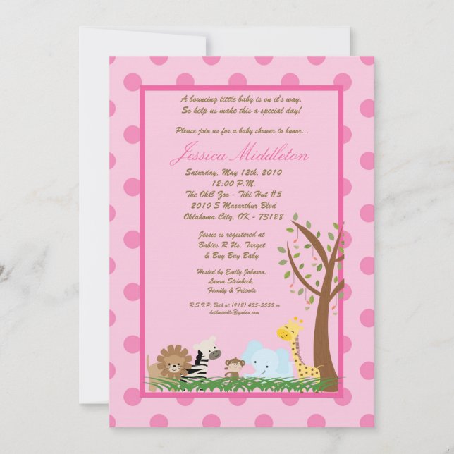 5x7 Pink Jungle Safari Zoo Baby Shower Invitation (Front)