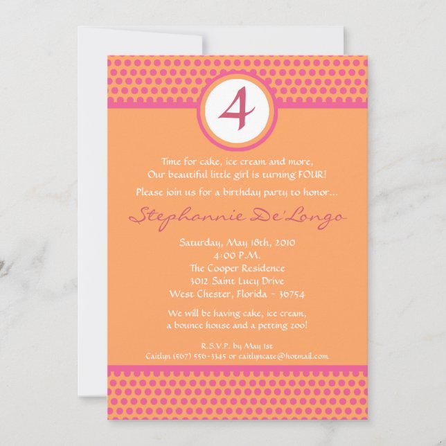 5x7 Pink & Orange Polka Dot Birthday Invitation (Front)