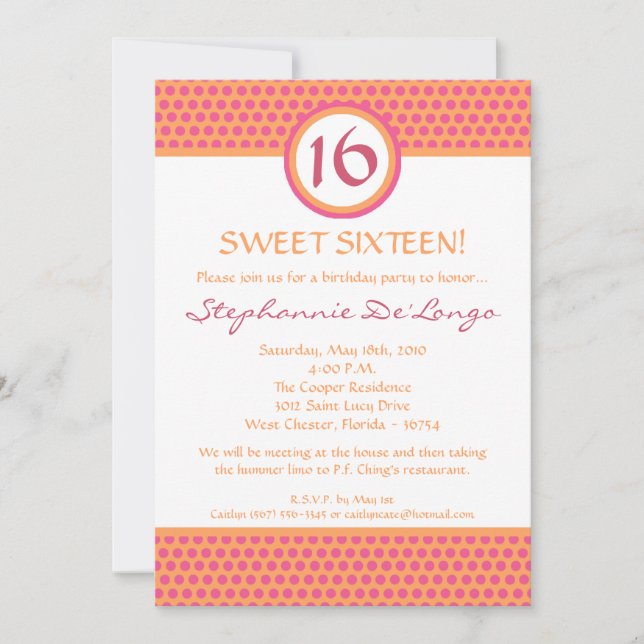 5x7 Pink & Orange Polka Point 16 Invitation Annive (Devant)