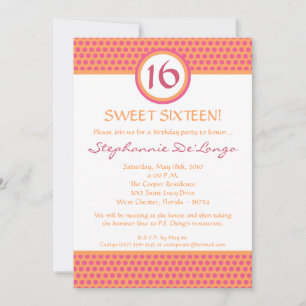 5x7 Pink & Orange Polka Point 16 Invitation Annive
