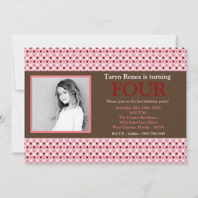 5x7 Pink Polka Dot Photo Invitation de fête d'anni (Devant)
