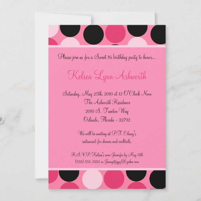 5x7 Pink Polka Dot Sweet 16 Birthday Invitation (Front)