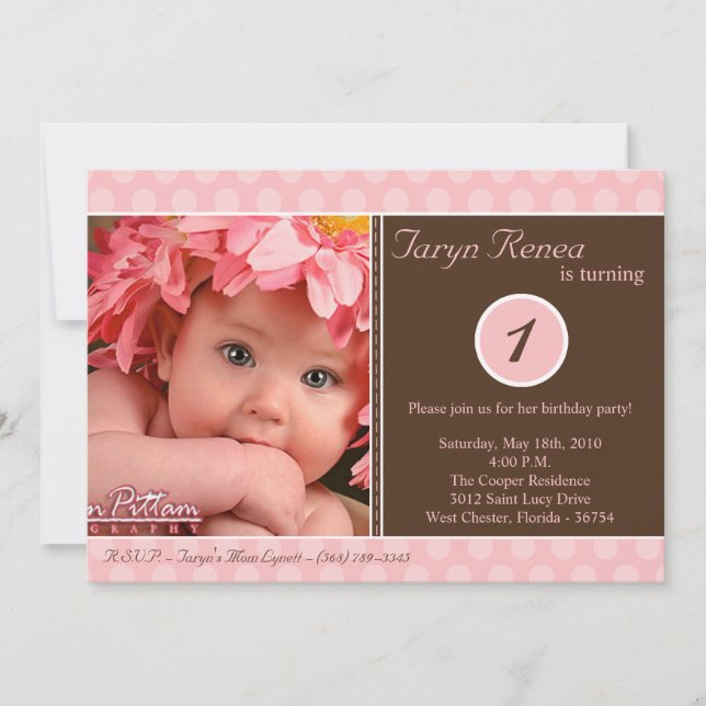 5x7 Pink Polka point Photo Invitation à la fête d' (Devant)