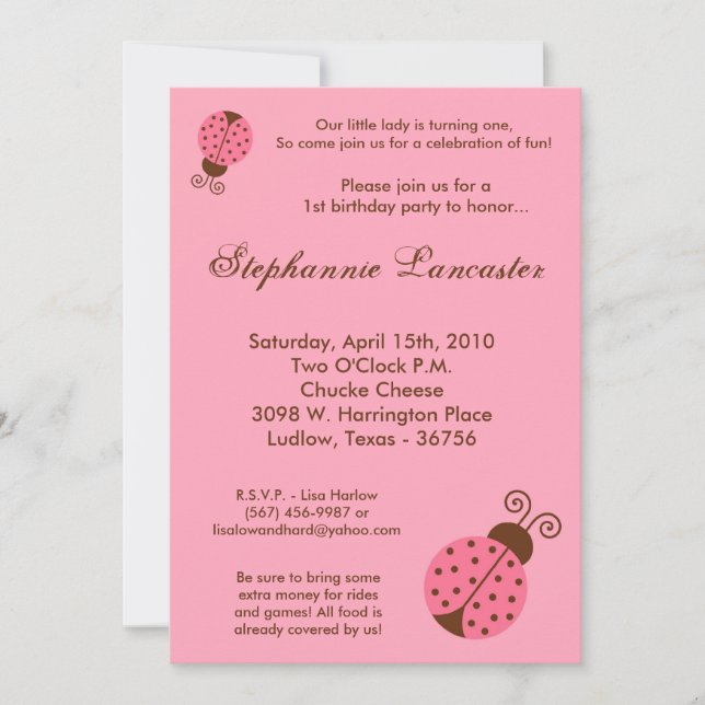 5x7 Pink Spring Lady Bug Birthday Party Invitation (Front)