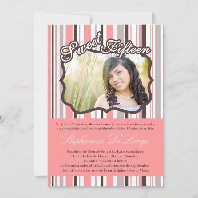 5x7 Pink Stripe PHOTO Quinceanera Party Invitation (Devant)