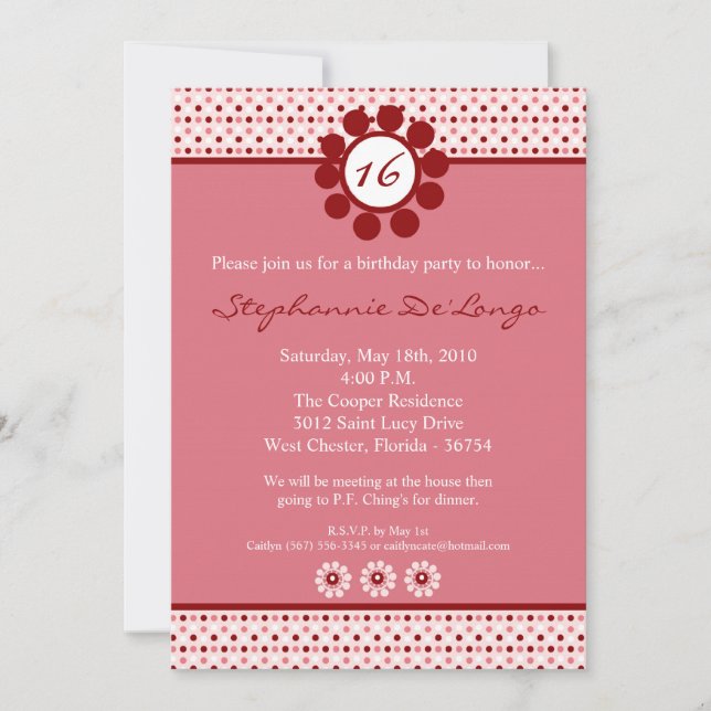 5x7 Pink Sweetheat PolkaDot 16 Invitation Annivers (Devant)